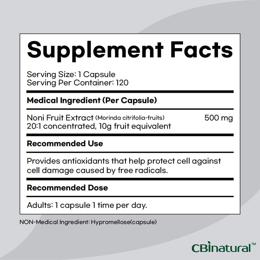 Concentrated Noni Capsules - CBI Natural 20:1 Extract, 500mg, 120 Count