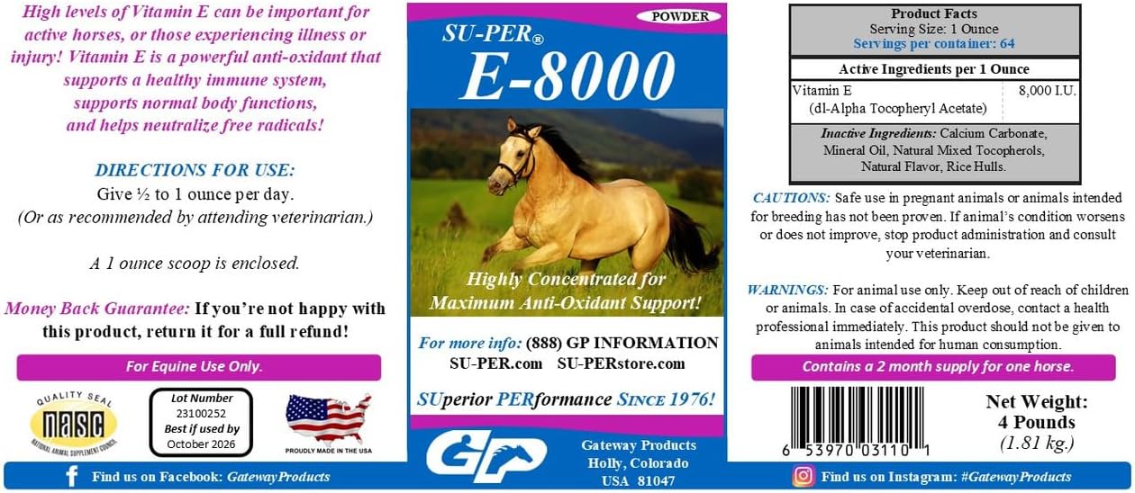 Concentrated Vitamin E Supplement for Performance Horses - SU-PER E 8000 Antioxidant - 4 Pounds (2 Pack)