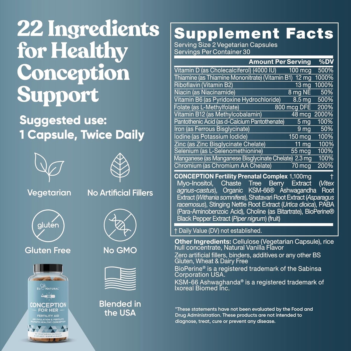 Conception Fertility Supplements for Women - Prenatal Vitamins - Promote Hormone Balance, Ovulation Aid - Myo-Inositol, Folate, Vitex - 120 Capsules