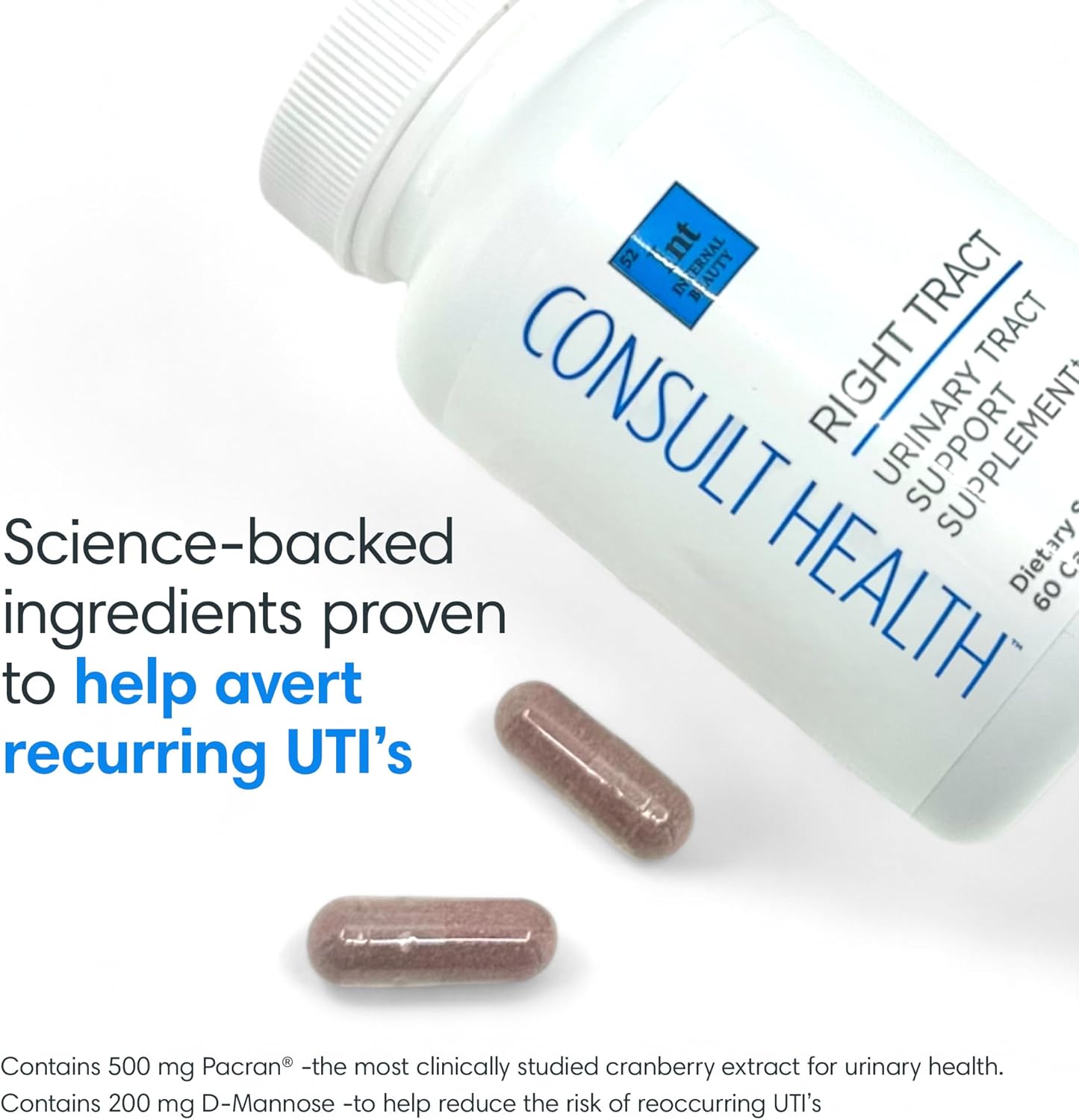 Consult Health RIGHT TRACT Cranberry Supplement - Prevent UTI - D-Mannose Pills with 50:1 Concentrate - Natural Extract - 25,000mg - 60 Count