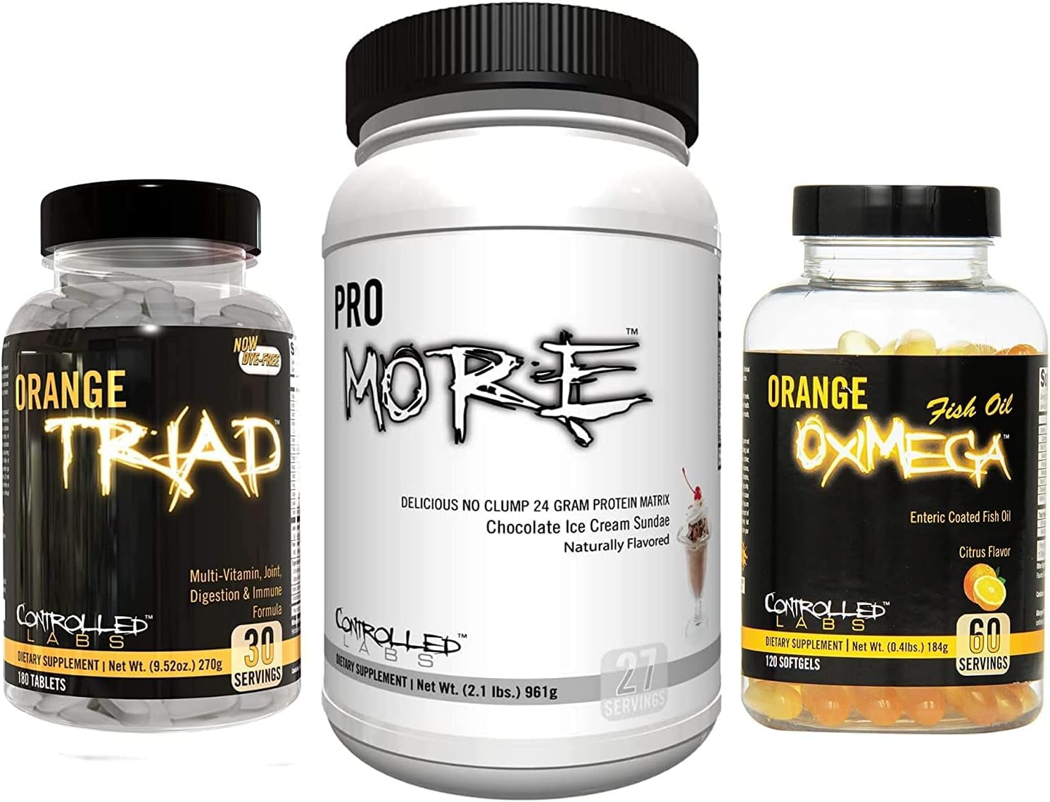 Controlled Labs Orange Triad, Oximega Fish Oil, and PROmore Protein Bundle - Chocolate Ice Cream Sundae Flavor