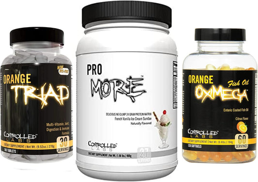 Controlled Labs Supplement Bundle: Orange Triad, Orange Oximega Fish Oil, PROmore Protein - French Vanilla Ice Cream Sundae Flavor
