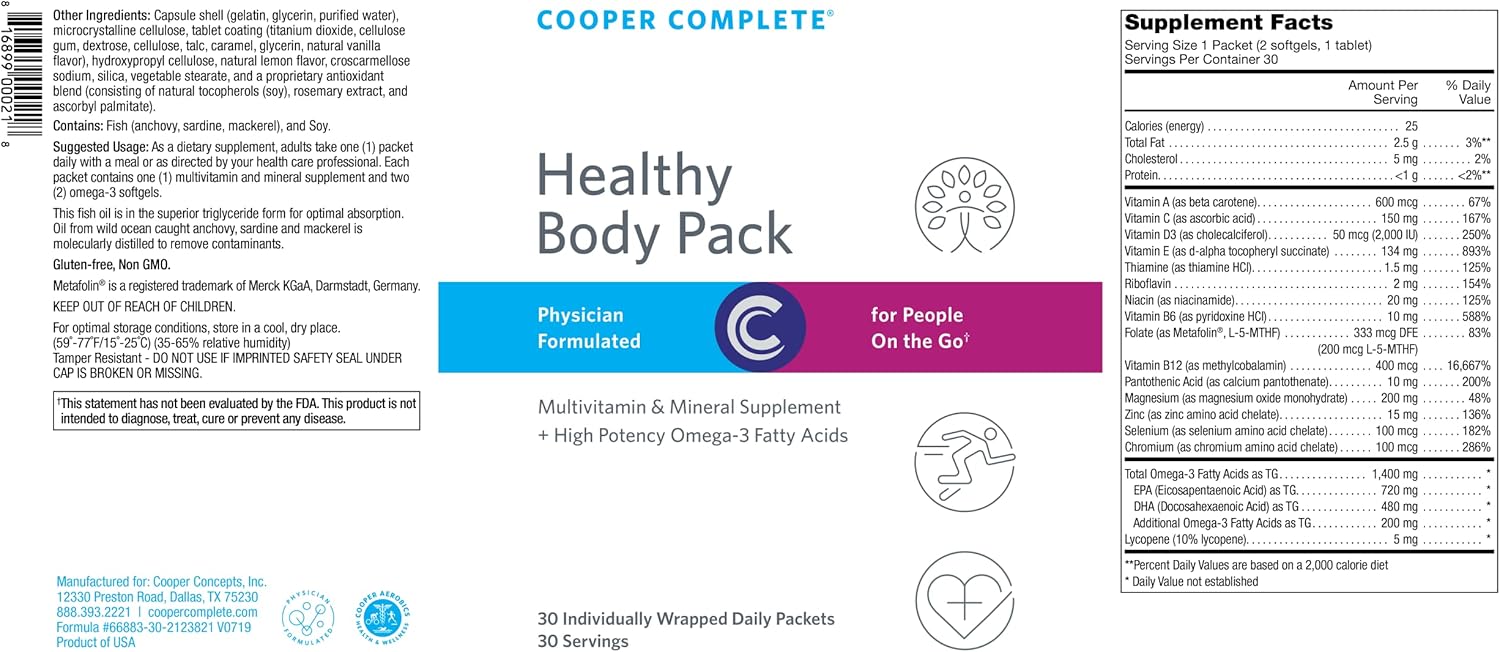 Cooper Complete Healthy Body Pack with Multivitamin & Omega-3 Fish Oil - 60 Packets Total