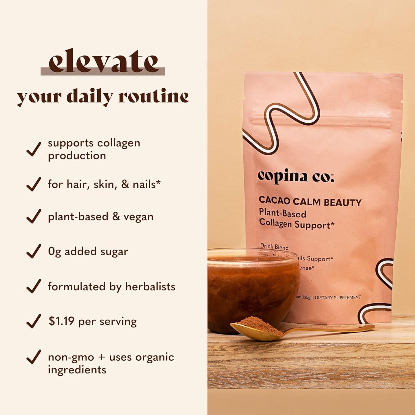Copina Co. Cacao Plant-Based Collagen Support Drink Blend - Boosts Collagen for Healthy Hair, Skin & Nails - Professional Formula - Sustainable Packaging - 225 Servings