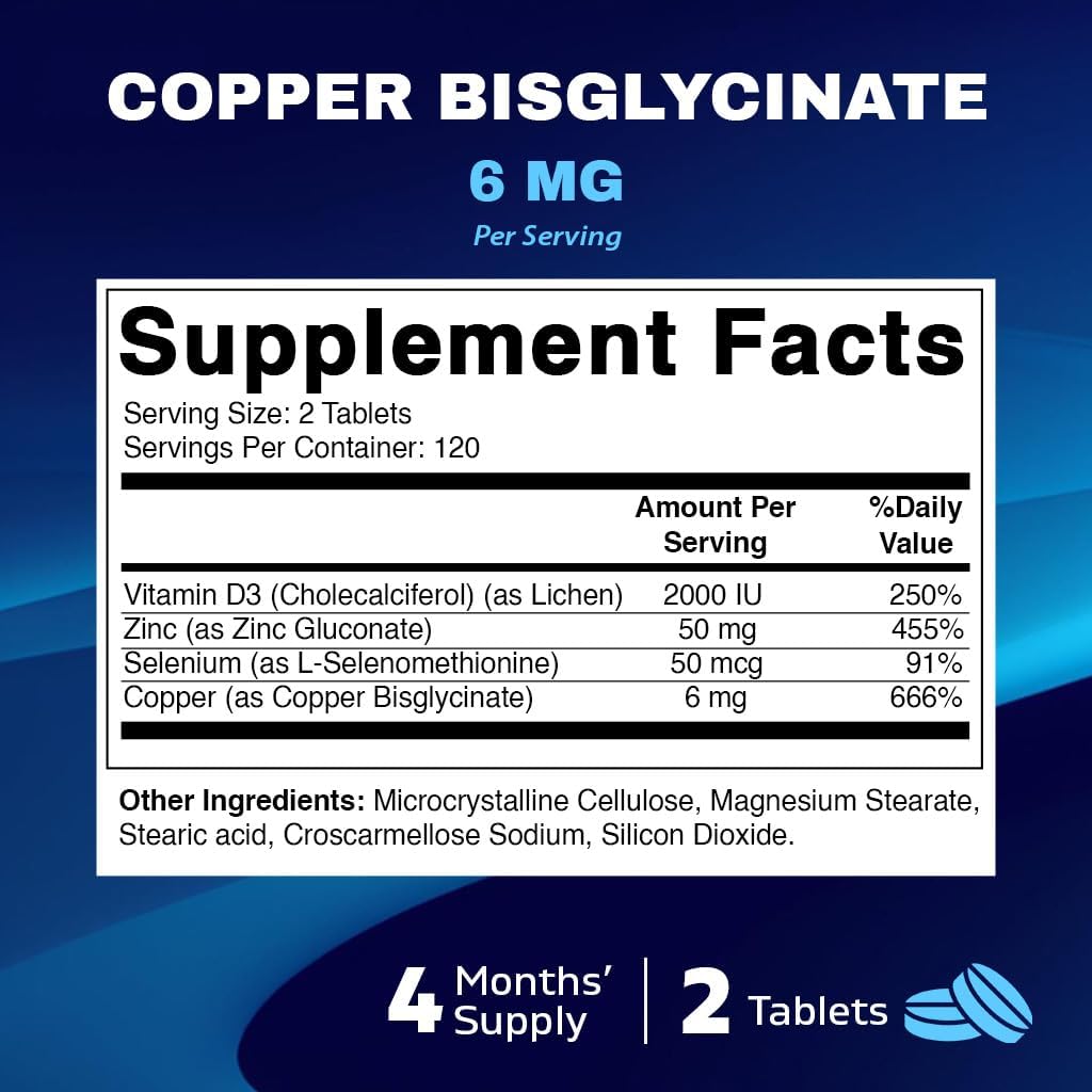 Copper Bisglycinate 6mg with Vitamin D3, Zinc, and Selenium - 240 Tablets, Non-GMO & Gluten Free