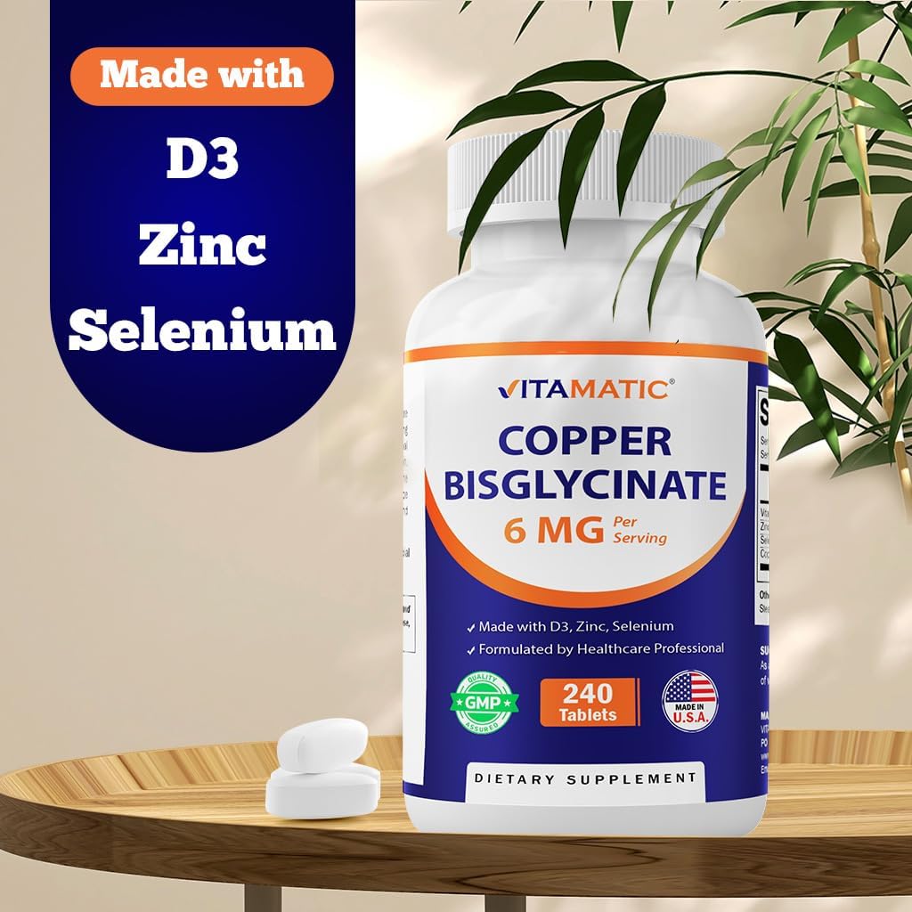Copper Bisglycinate 6mg with Vitamin D3, Zinc, and Selenium - 240 Tablets, Non-GMO & Gluten Free