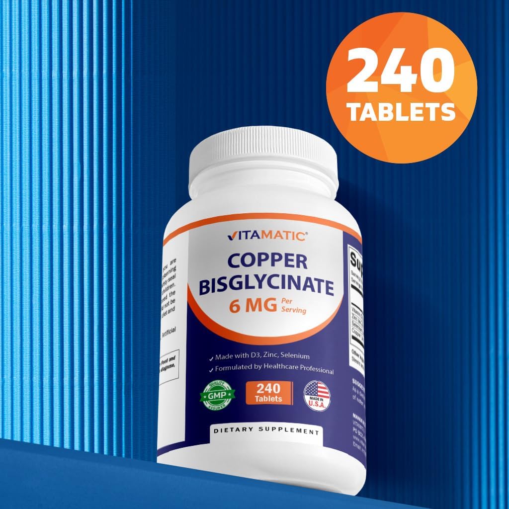 Copper Bisglycinate 6mg with Vitamin D3, Zinc, and Selenium - 240 Tablets, Non-GMO & Gluten Free