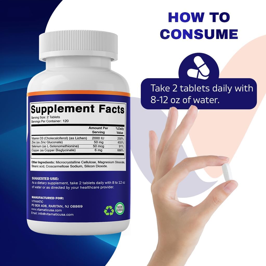 Copper Bisglycinate 6mg with Vitamin D3, Zinc, and Selenium - 240 Tablets, Non-GMO & Gluten Free
