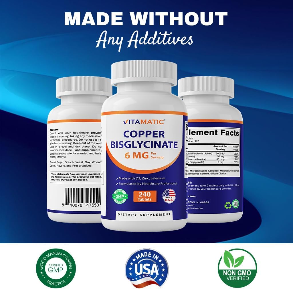 Copper Bisglycinate 6mg with Vitamin D3, Zinc, and Selenium - 240 Tablets, Non-GMO & Gluten Free