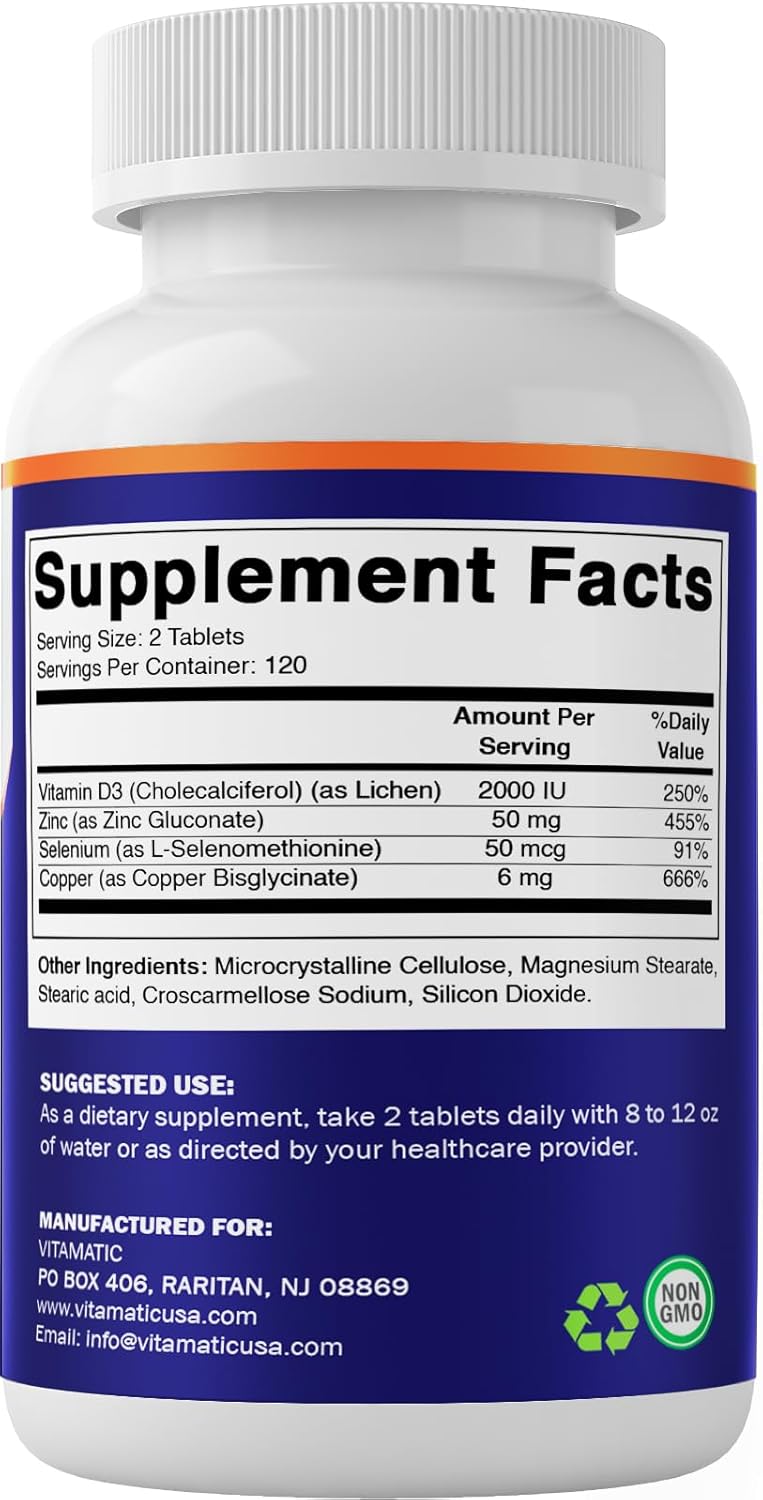 Copper Bisglycinate 6mg with Vitamin D3, Zinc, and Selenium - 240 Tablets, Non-GMO & Gluten Free