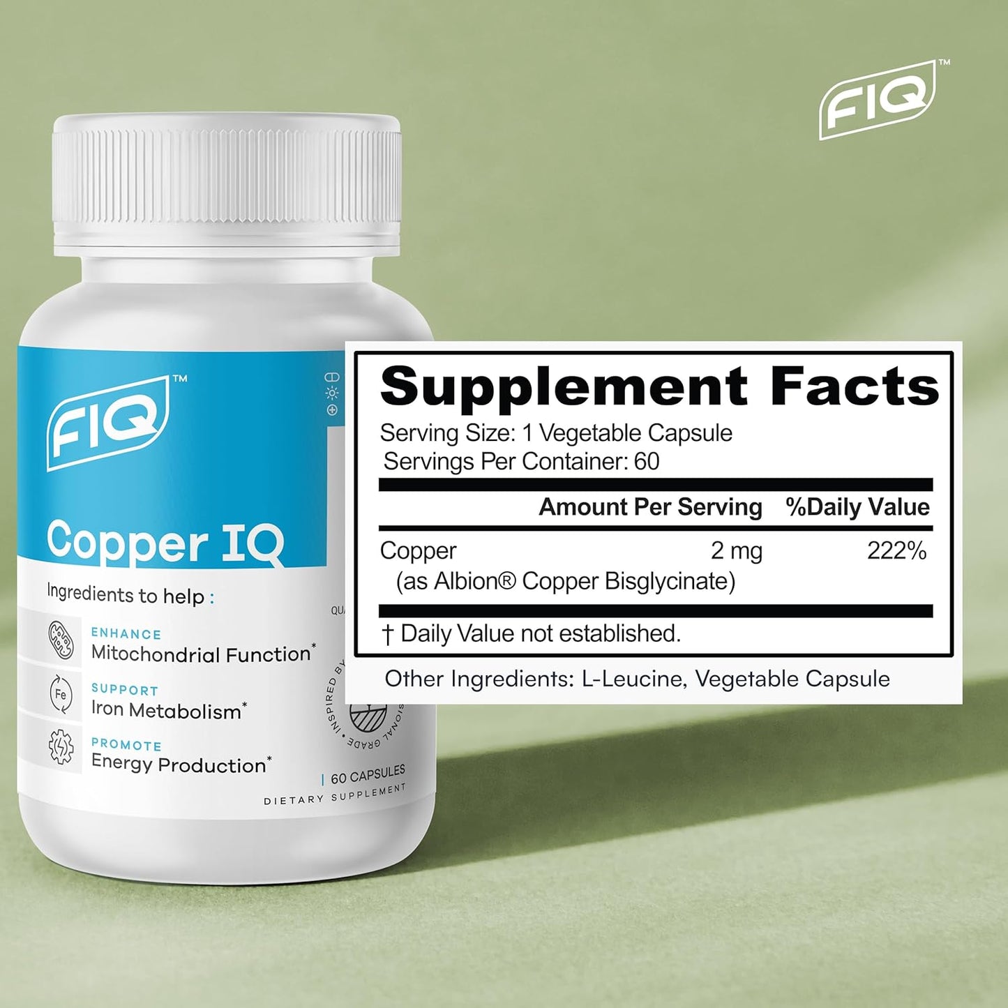 Copper Bisglycinate Supplements for Energy & Mitochondrial Support - High Absorption Chelated Copper - 60 Capsules