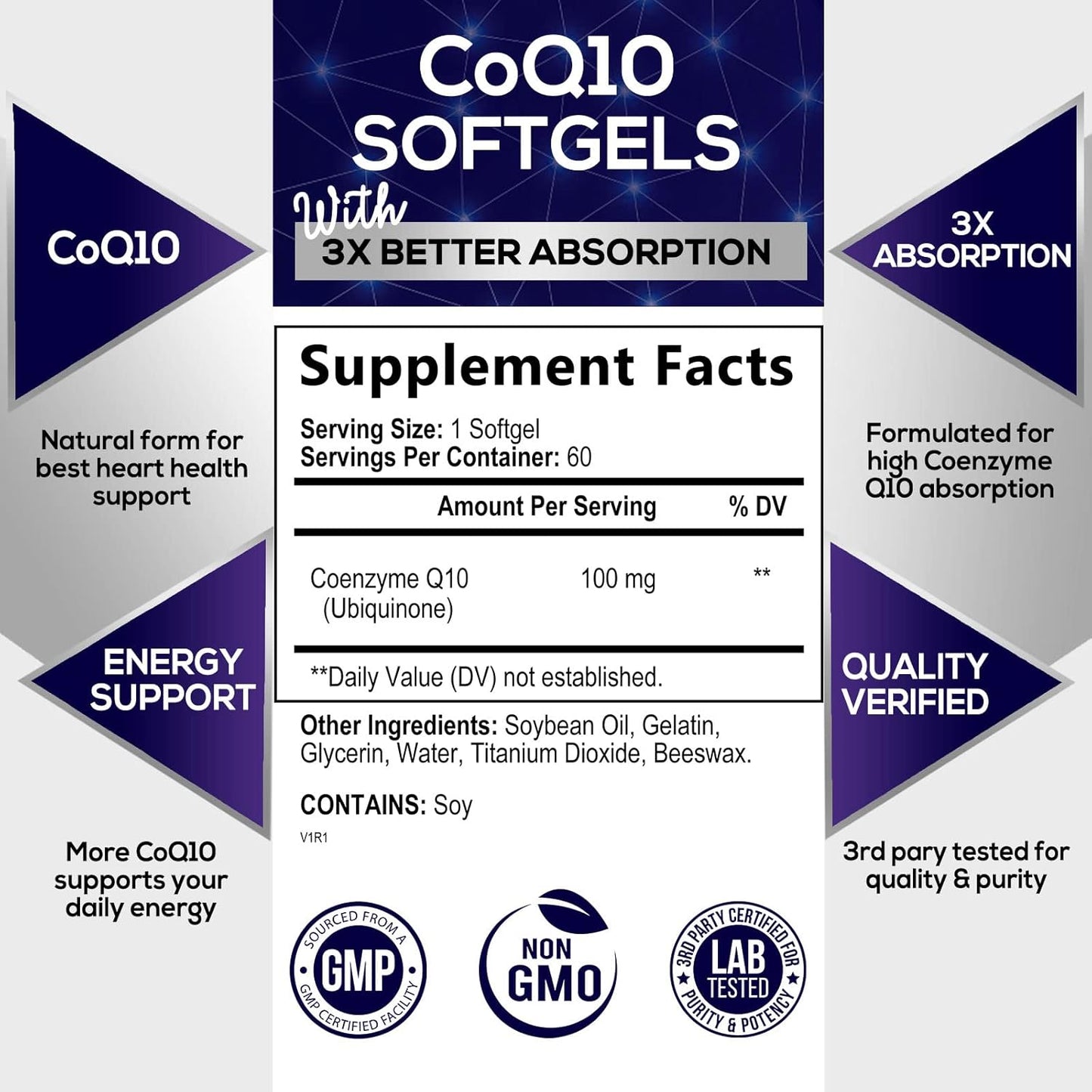 CoQ10 100mg Softgels with Enhanced Absorption for Heart Health and Energy Production - 60 Count, 2 Month Supply