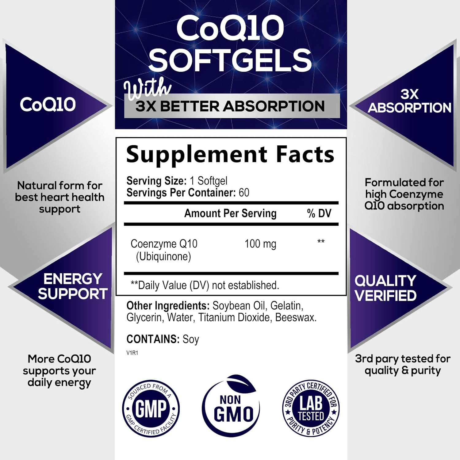CoQ10 100mg Softgels with Enhanced Absorption for Heart Health and Energy Production - 60 Count, 2 Month Supply