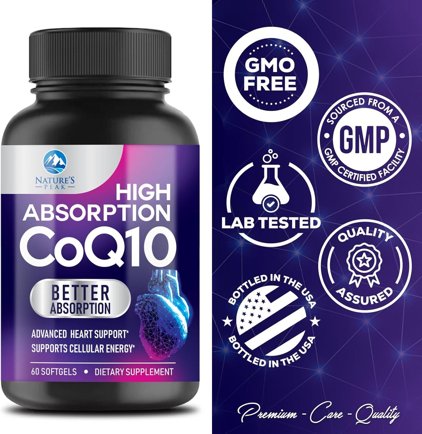 CoQ10 100mg Softgels with Enhanced Absorption for Heart Health and Energy Production - 60 Count, 2 Month Supply