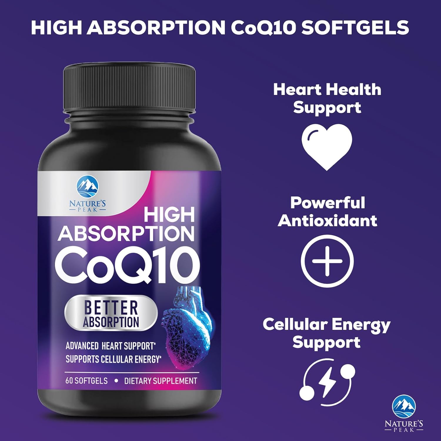 CoQ10 100mg Softgels with Enhanced Absorption for Heart Health and Energy Production - 60 Count, 2 Month Supply