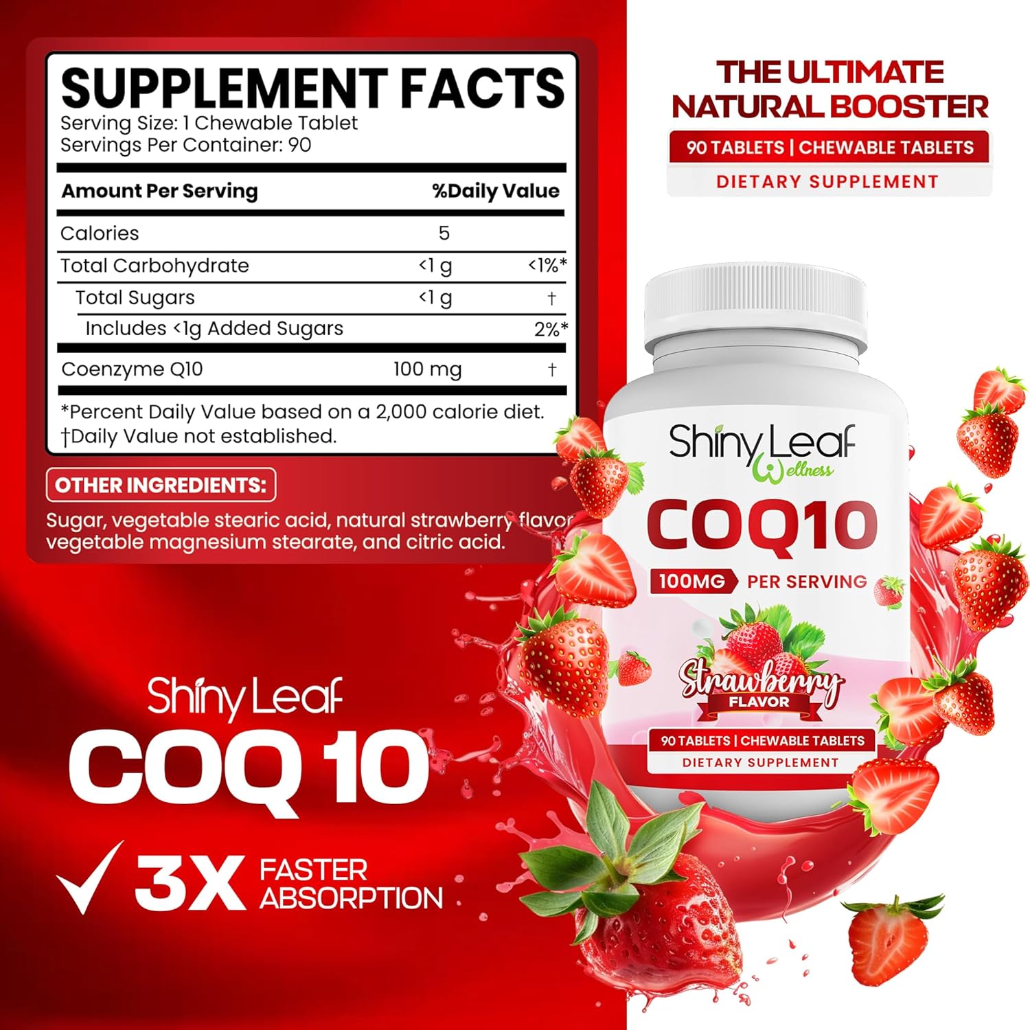 CoQ10 100mg Supplement for Heart Health & Energy Boost - Fast Absorbing Strawberry Tablets - Non-GMO, Gluten-Free - 90 Ct USA Made