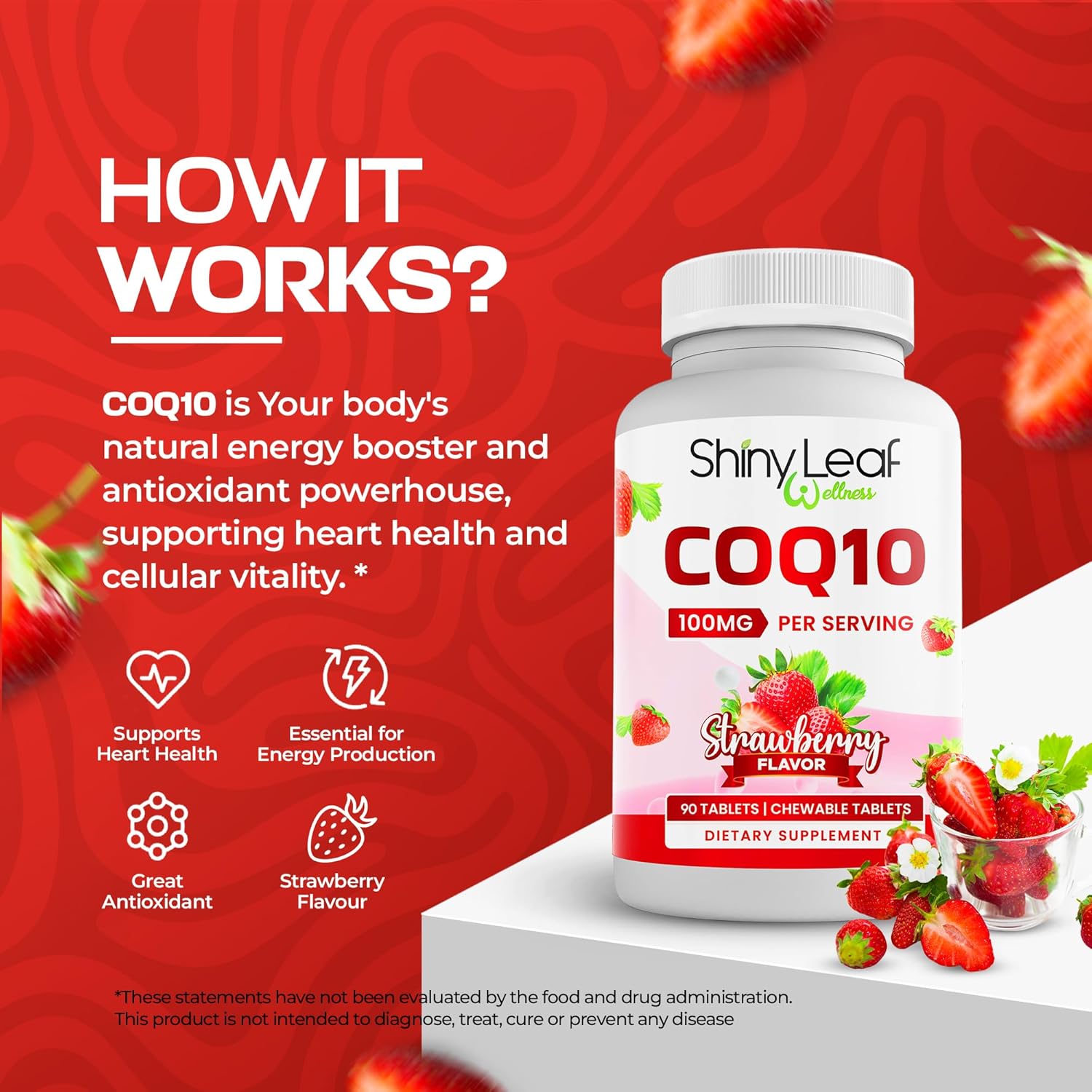 CoQ10 100mg Supplement for Heart Health & Energy Boost - Fast Absorbing Strawberry Tablets - Non-GMO, Gluten-Free - 90 Ct USA Made