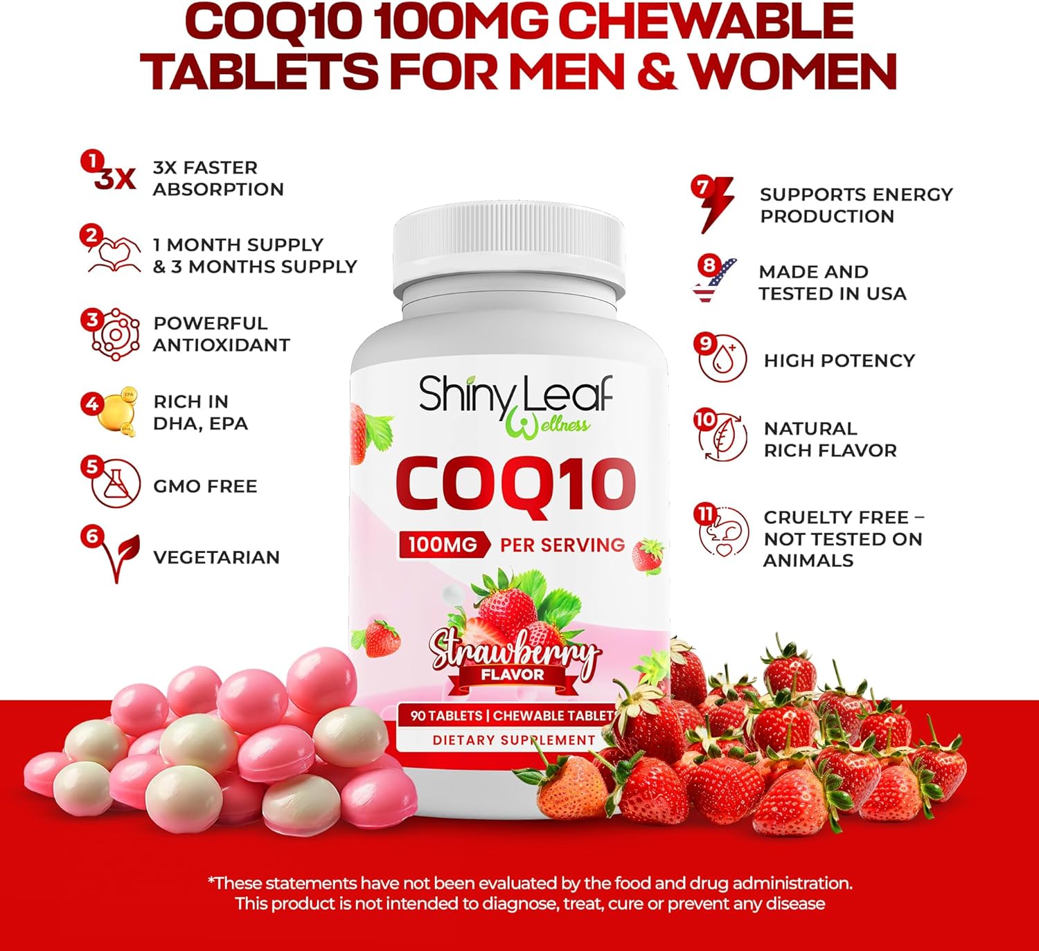 CoQ10 100mg Supplement for Heart Health & Energy Boost - Fast Absorbing Strawberry Tablets - Non-GMO, Gluten-Free - 90 Ct USA Made