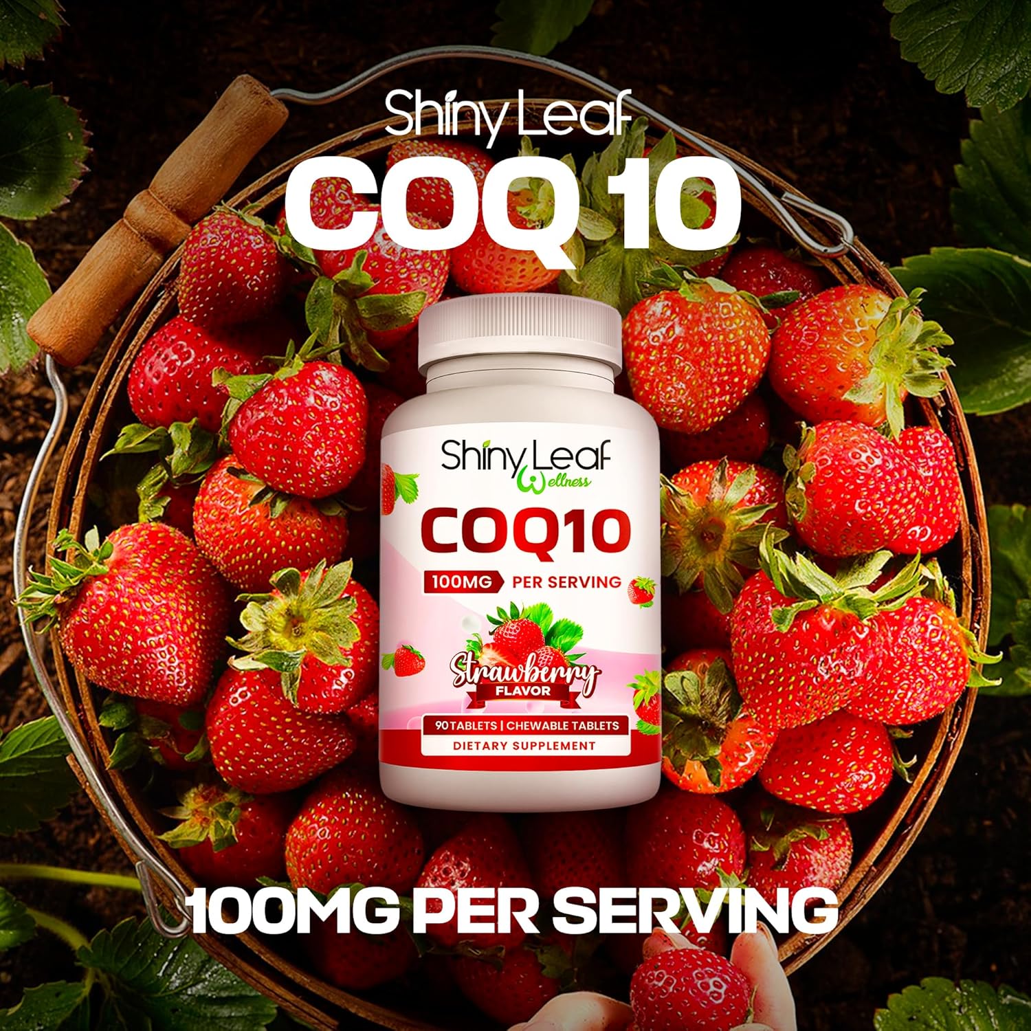 CoQ10 100mg Supplement for Heart Health & Energy Boost - Fast Absorbing Strawberry Tablets - Non-GMO, Gluten-Free - 90 Ct USA Made