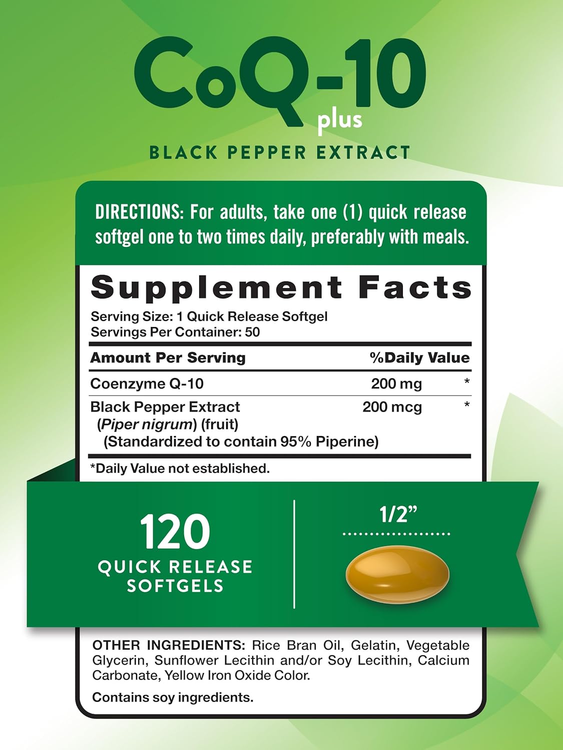 CoQ10 200 mg Softgels with Black Pepper Extract | Enhanced Absorption | Non-GMO, Gluten Free | 50 Count