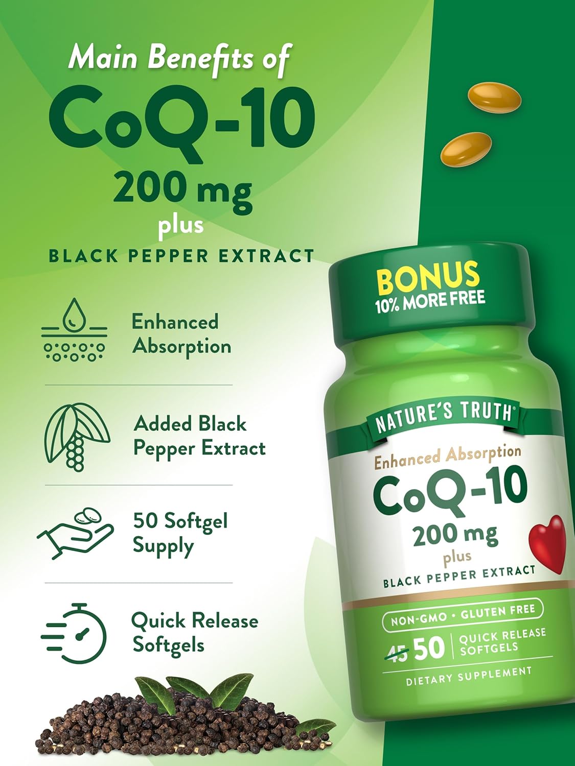CoQ10 200 mg Softgels with Black Pepper Extract | Enhanced Absorption | Non-GMO, Gluten Free | 50 Count