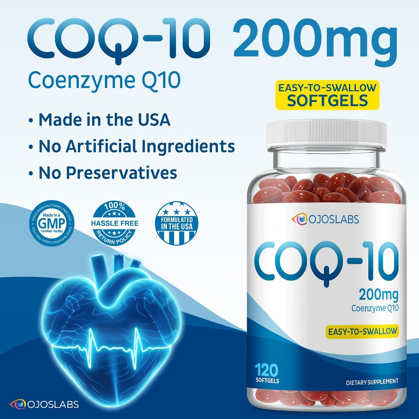 CoQ10 200mg Softgels by OjosLabs - High-Strength Coenzyme Q10 Supplement, 120 Capsules for Easy Swallowing