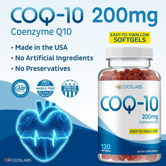 CoQ10 200mg Softgels by OjosLabs - High-Strength Coenzyme Q10 Supplement, 120 Capsules for Easy Swallowing