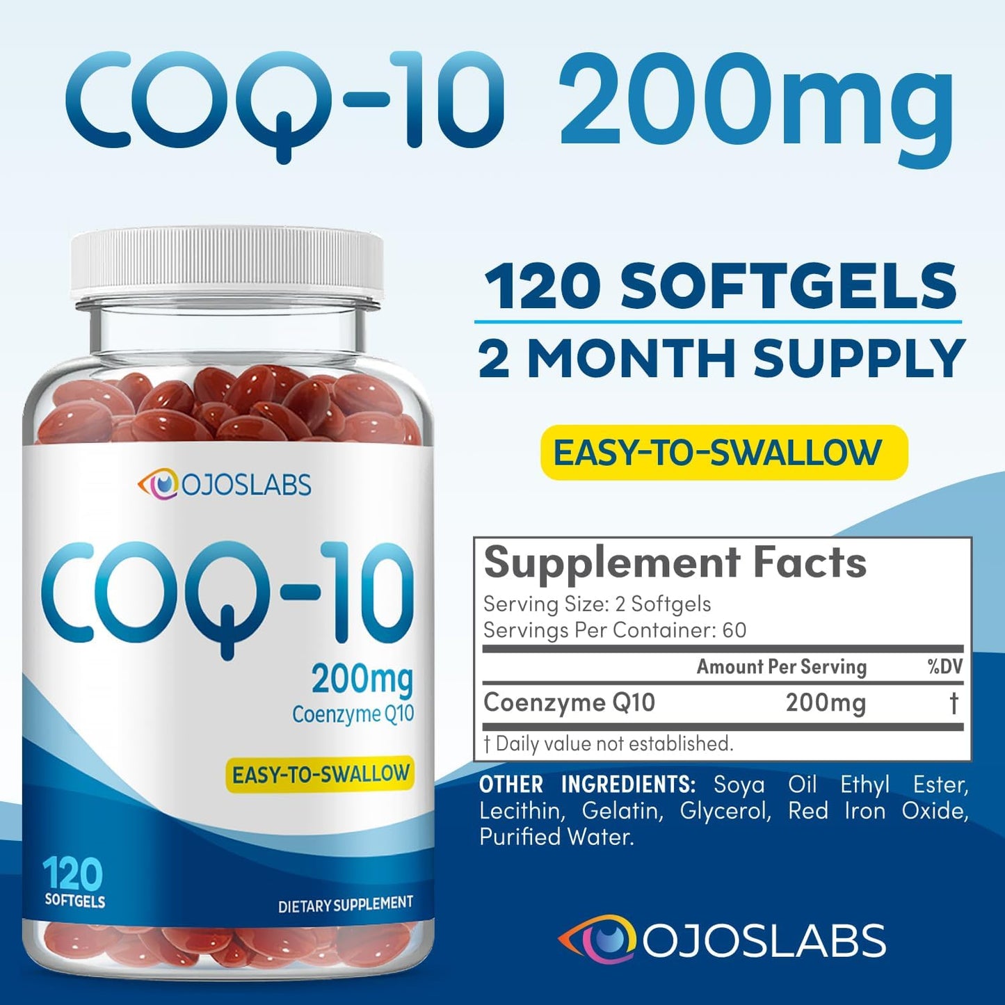 CoQ10 200mg Softgels by OjosLabs - High-Strength Coenzyme Q10 Supplement, 120 Capsules for Easy Swallowing