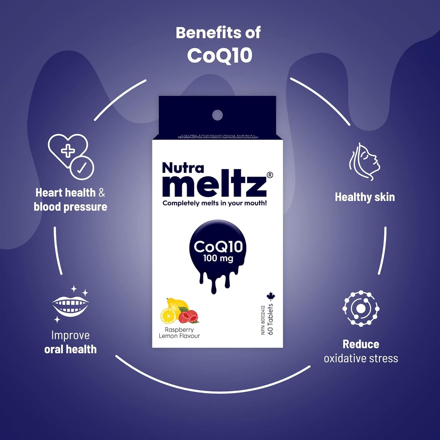 CoQ10 Nutra Meltz 100mg Tablets for Heart Health & Energy - Raspberry Lemon Flavor (60ct)