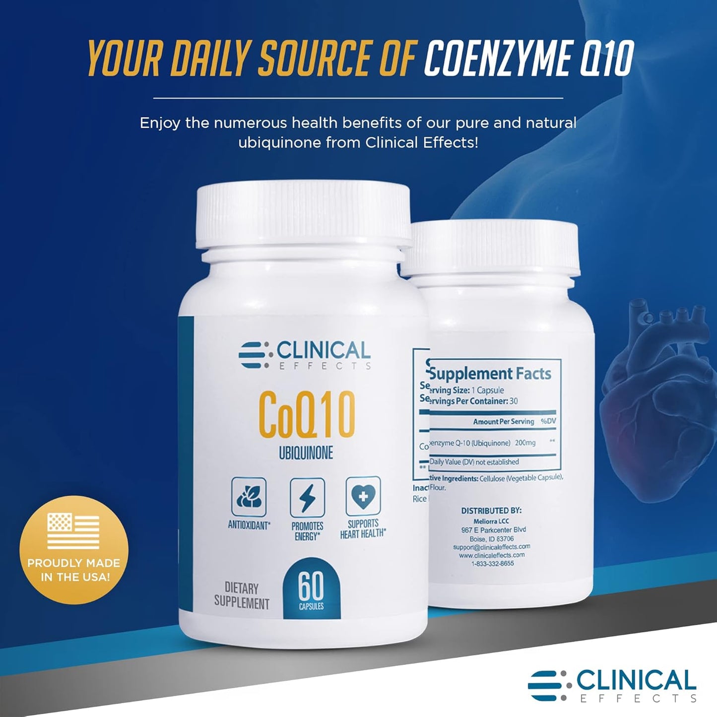 CoQ10 Supplement 200mg - 30 Day Supply - Heart Health, Cognitive Function, Energy - Ubiquinone Antioxidant - Made in USA