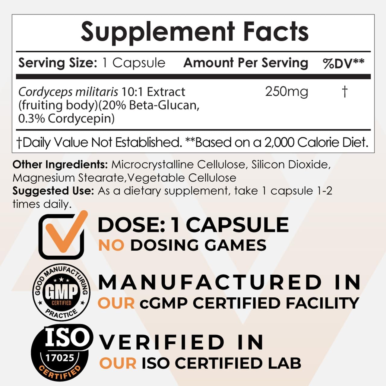 Cordyceps Militaris Capsules | 10:1 Extract | 250mg | 180 Count | Nootropics Depot