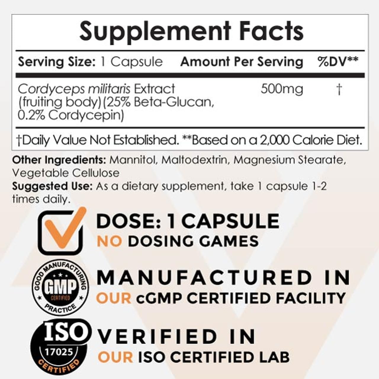 Cordyceps militaris Mushroom Capsules | 500mg | 180 Count | Whole Fruiting Body Supplement | Immune System Support