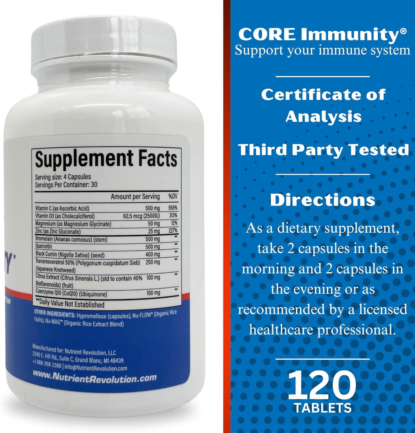 CORE Immunity: Daily Multivitamin & Immune Support Supplement with Quercetin, Bromelain, Antioxidants - 120 ct.