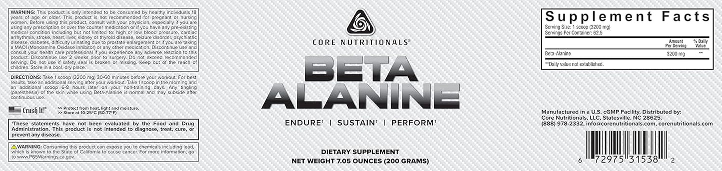 Core Nutritionals Beta Alanine Supplement - 3.2 Grams per Serving for Muscle Building and Recovery