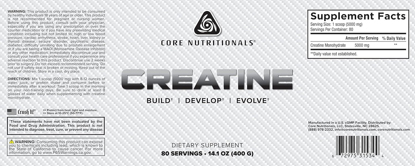 Core Nutritionals Creatine Monohydrate Powder - 5000mg per Serving for Strength and Muscle Growth - 80 Servings