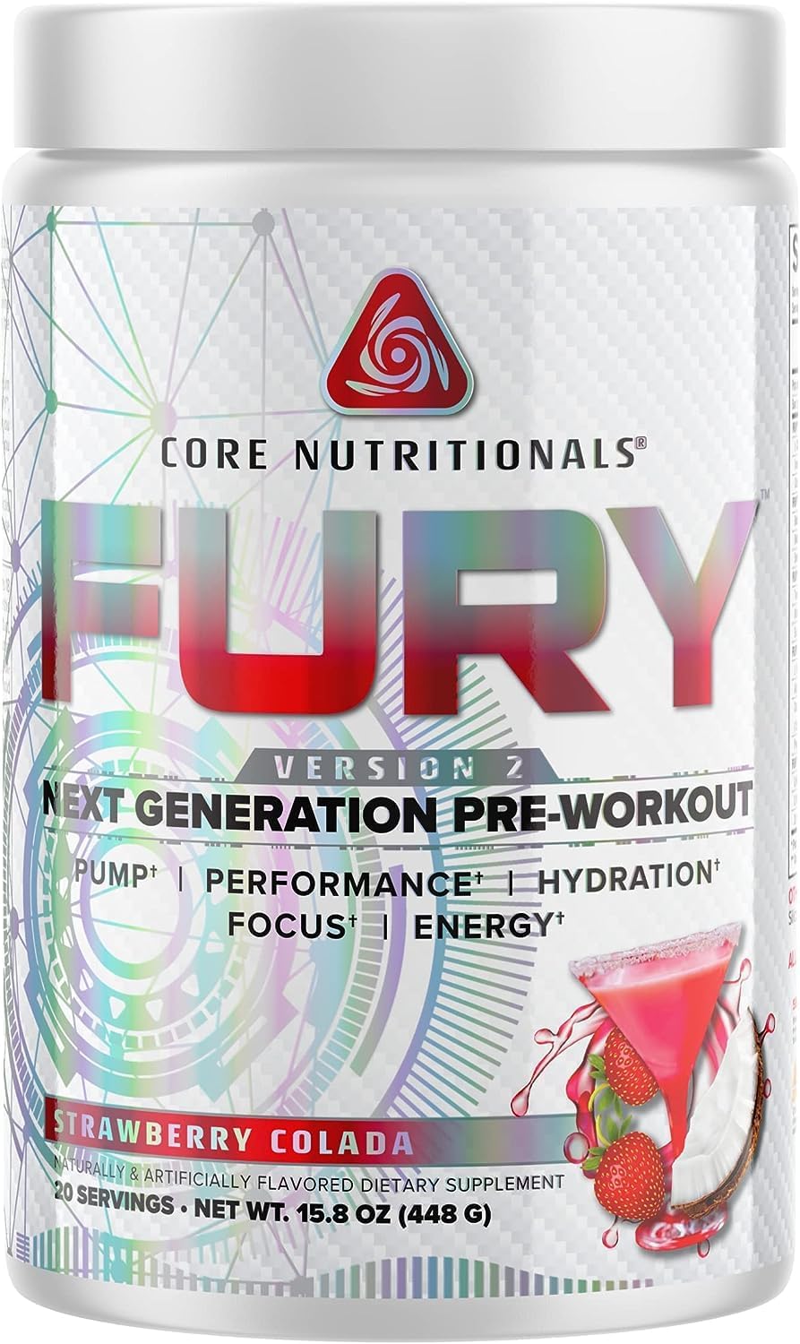 Core Nutritionals Fury V2 Pre-Workout Powder - Enhance Gym Performance with Zum-XR® Caffeine, L-Citrulline, Alpha GPC - 40 Scoops - Strawberry Colada