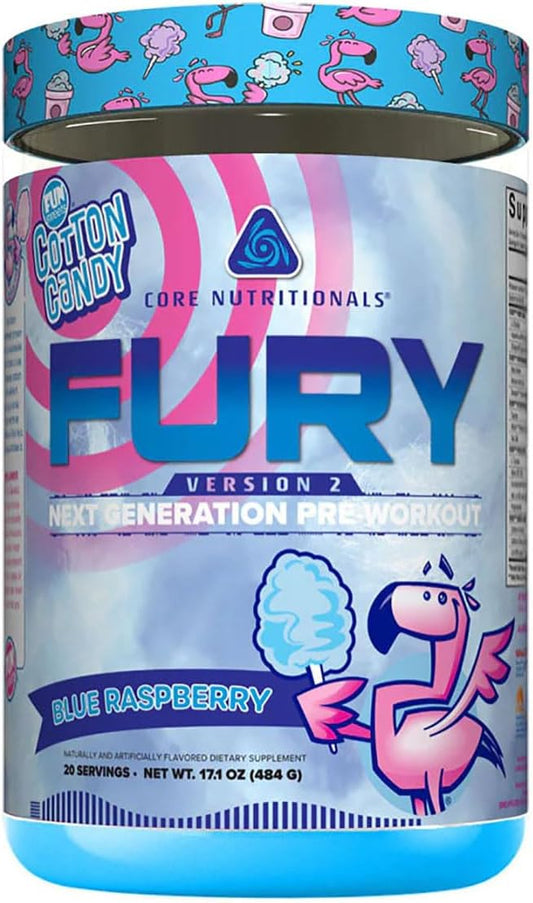 Core Nutritionals Fury V2 Pre-Workout Powder with Zum-XR® Caffeine, L-Citrulline, Alpha GPC - Blue Raspberry - 40 Scoops