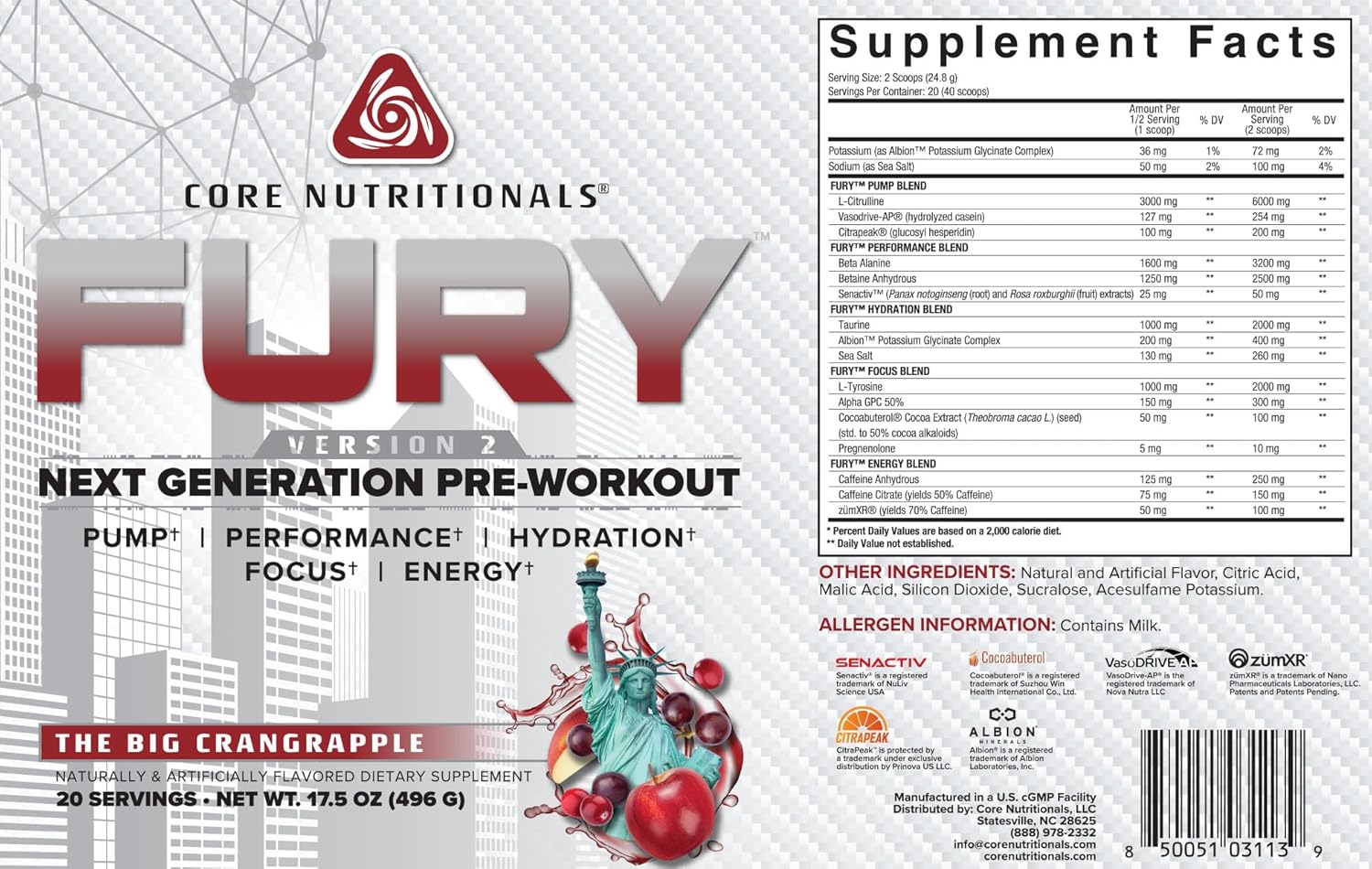 Core Nutritionals Fury V2 Pre-Workout Powder with Zum-XR® Caffeine, L-Citrulline, and Alpha GPC - The Big Crangrapple - 40 Servings