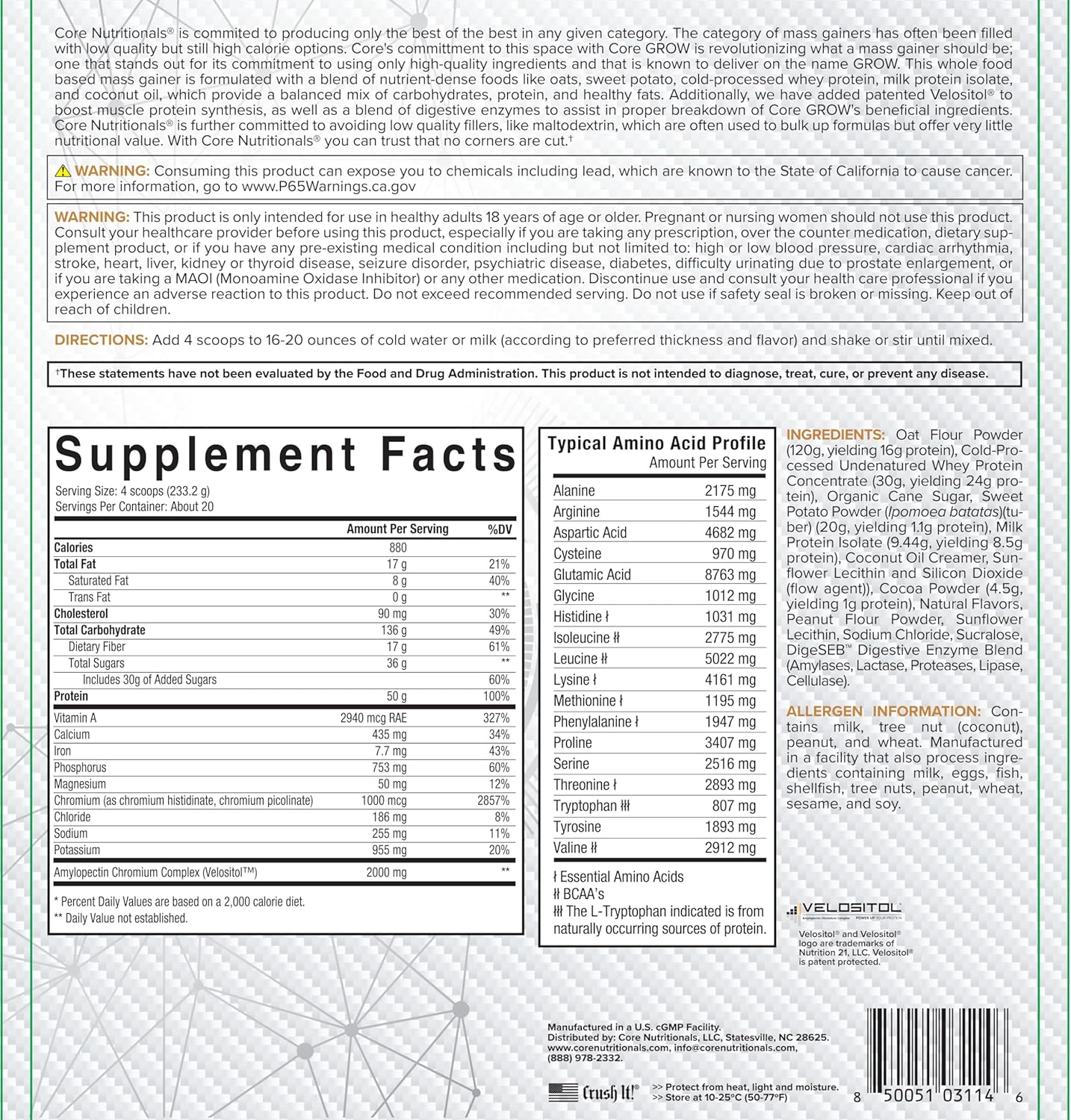 Core Nutritionals Grow Whole Food Mass Gainer - 50g Protein, 880 Calories, 10 lbs - Chocolate Peanut Butter Flavor
