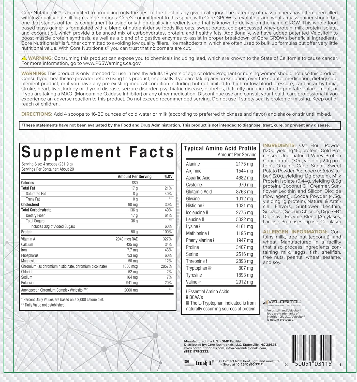 Core Nutritionals Grow Whole Food Mass Gainer - Cookies N' Cream, 10 lbs - 50g Protein, 880 Calories - Plant-Based Formula
