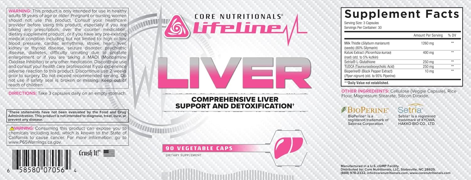 Core Nutritionals Lifeline Liver Support and Detox Supplement - 90 Capsules for Comprehensive Liver Health and Function