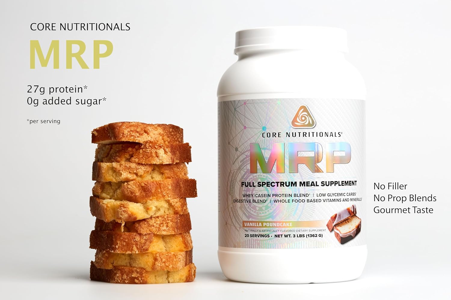 Core Nutritionals Platinum MRP Vanilla Poundcake - Full Spectrum Meal Replacement with 27g Protein, 20 Servings for All Day Amino Acid Support