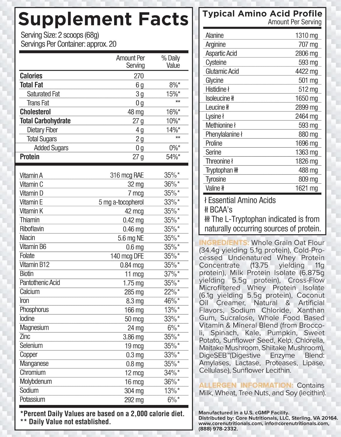 Core Nutritionals Platinum MRP Vanilla Poundcake - Full Spectrum Meal Replacement with 27g Protein, 20 Servings for All Day Amino Acid Support