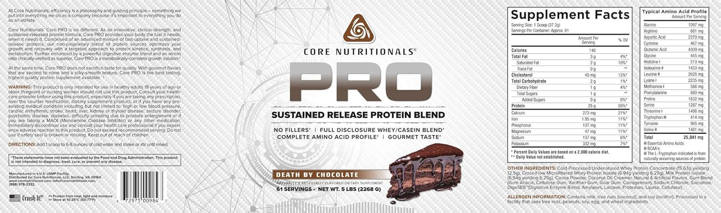 Core Nutritionals Pro Sustained Release Protein Blend with Digestive Enzymes - 25g Protein, 2g Carbs, 61 Servings - Death by Chocolate Flavor