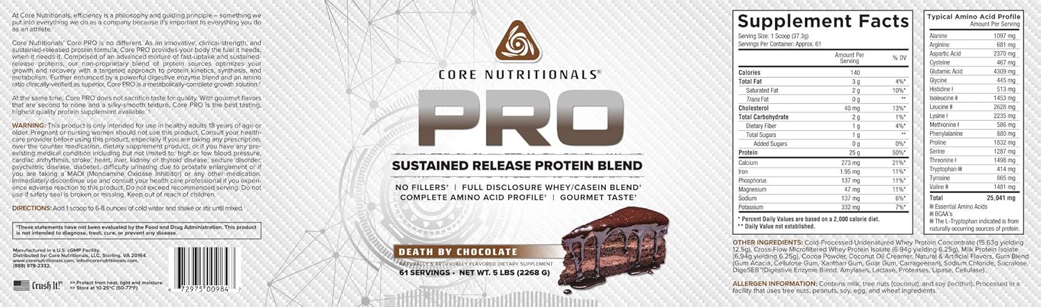 Core Nutritionals Pro Sustained Release Protein Blend with Digestive Enzymes - 25g Protein, 2g Carbs, 61 Servings - Death by Chocolate Flavor
