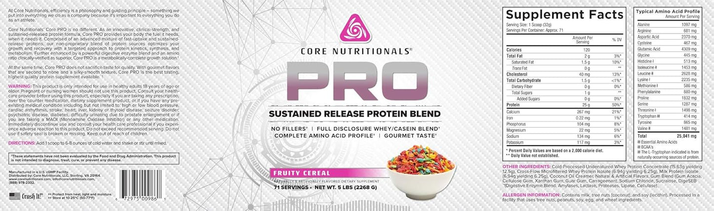 Core Nutritionals Pro Sustained Release Protein Blend with Digestive Enzyme Blend - 25G Protein, 2G Carb - Fruity Cereal Flavor - 71 Servings