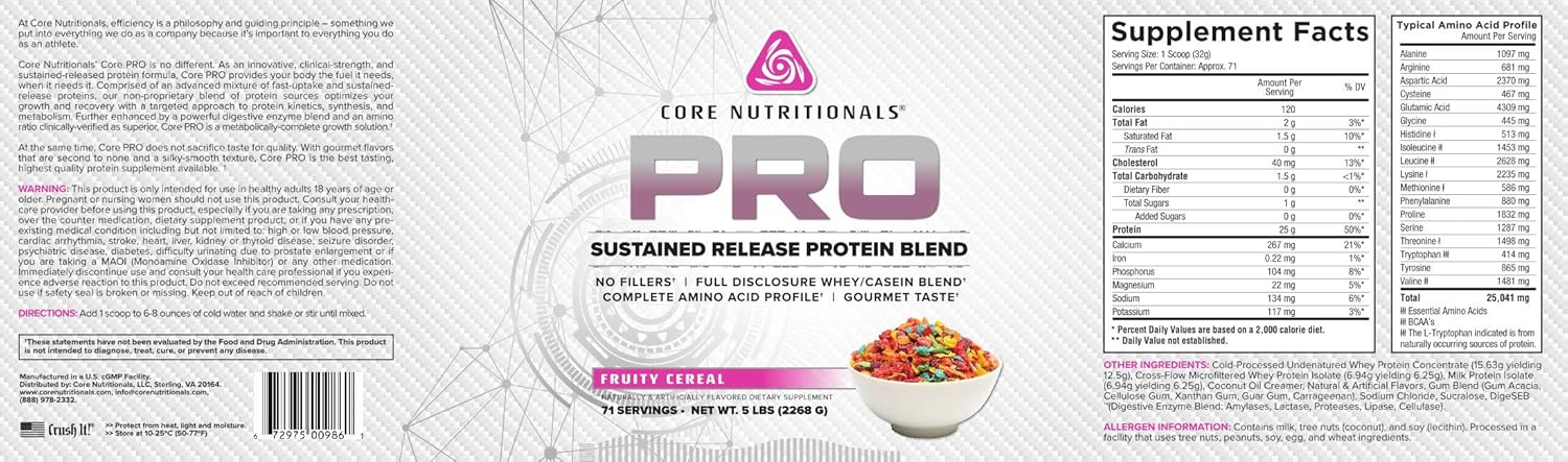 Core Nutritionals Pro Sustained Release Protein Blend with Digestive Enzyme Blend - 25G Protein, 2G Carb - Fruity Cereal Flavor - 71 Servings