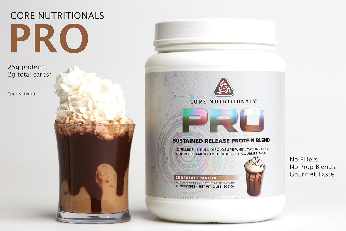 Core Nutritionals Pro Sustained Release Protein Blend with Digestive Enzymes - Chocolate Mocha, 25g Protein, 2g Carb, 26 Servings