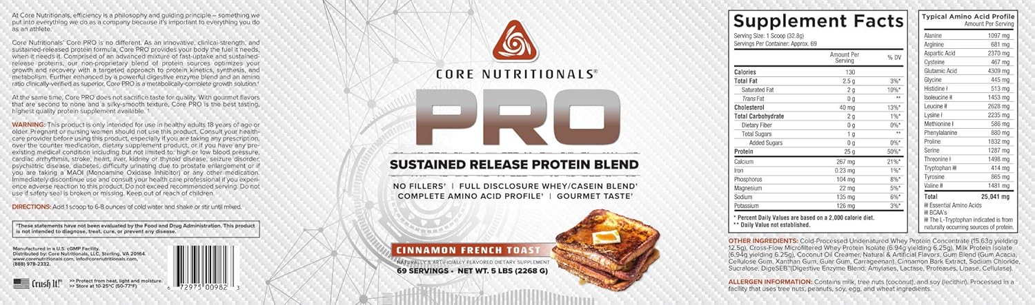 Core Nutritionals Pro Sustained Release Protein Blend with Digestive Enzymes - 25g Protein, 2g Carbs, 69 Servings - Cinnamon French Toast Flavor