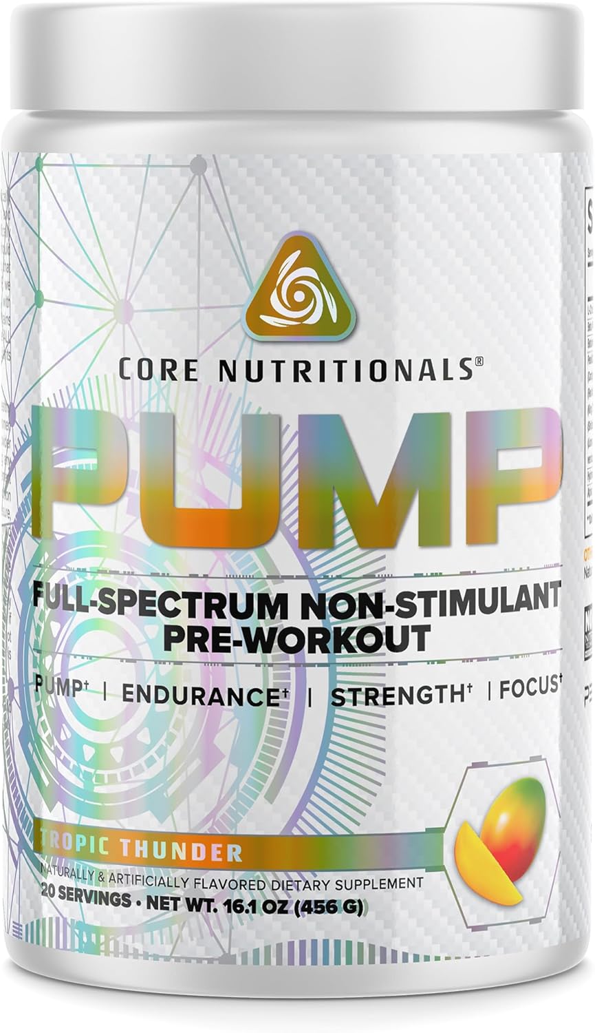 Core Nutritionals Pump Full-Spectrum Non-Stimulant Pre-Workout 20 Servings - Tropic Thunder Flavor - Enhanced with N03T Nitrate, Peak02, and Alpha GPC for Maximum Pump, Strength, and Performance